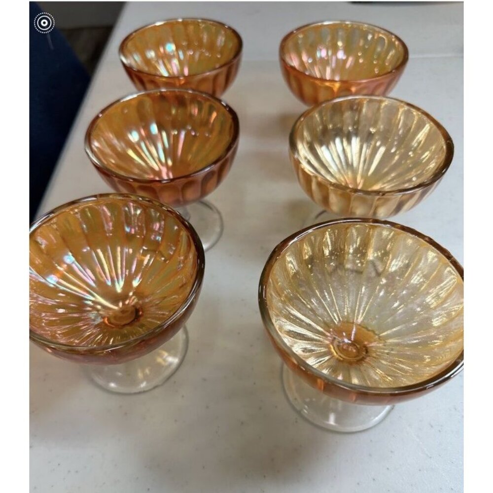 Set of 6 Antique Imperial Marigold Carnival Glass Ribbed Low Compote Footed Dish